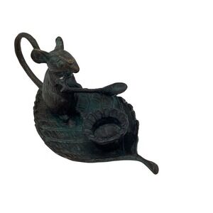 Vintage Bronze Mouse on Leaf Boat Verdigris Patina Candle Holder Incense Burner